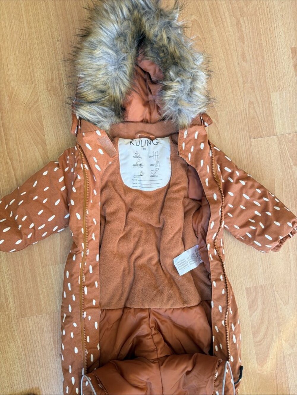 Kids Snow Suit 12M KULING 80cm Boys Girls Burnt Orange Zip Up Fur Hoodie - Picture 8 of 12
